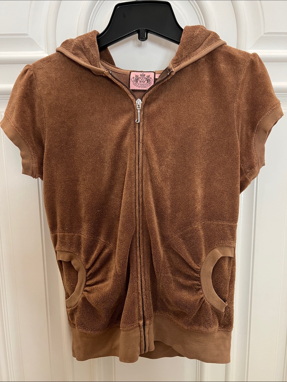 Juicy Couture Brown Short-Sleeve Velour Zip Hoodie - vintage y2k